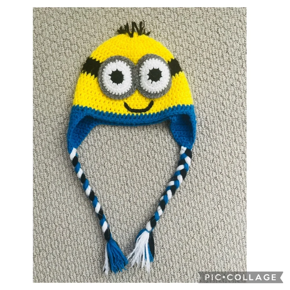 Crochet Minion Inspired Kids Hat Earflaps Braided Ties Toddler Child